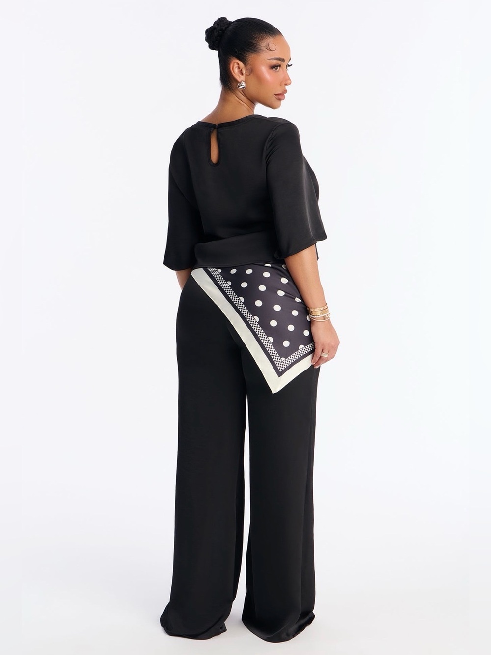 Shay Satin 3PC Scarf High-Waist Black Wide-Leg Palazzo Pants for Women - Picture 4 of 6